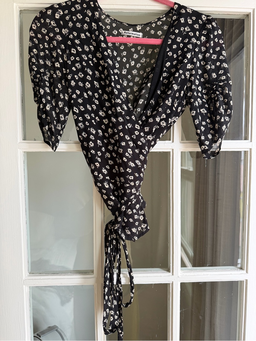 Reformation Black White Floral Wrap Blouse
